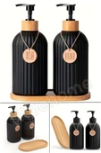 Tilbe Home 2’li Hands Dishes Siyah Dekoratif Mutfak Banyo Sıvı Cam Sabunluk Seti 500ml Bambu Stantlı Set - 3