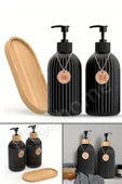 Tilbe Home 2’li Hands Dishes Siyah Dekoratif Mutfak Banyo Sıvı Cam Sabunluk Seti 500ml Bambu Stantlı Set - 4