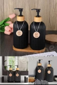 Tilbe Home 2’li Hands Dishes Siyah Dekoratif Mutfak Banyo Sıvı Cam Sabunluk Seti 500ml Bambu Stantlı Set - 5