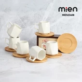 Mien Dayanıklı Bambu Tabaklı Köşeli Porselen Fincan Takımı 6 Kişilik -23408 - 1
