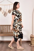 Dipmoda kadın asimetrik leopar büyük beden elbise AYSL49 - Bej thumbnail 3