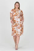 Dipmoda kadın kiremit çiçek desenli yazlık cep detaylı büyük beden elbise AYSL35 thumbnail 3