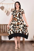 Dipmoda kadın asimetrik leopar büyük beden elbise AYSL49 - Bej thumbnail 2