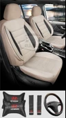 Hyundai Accent Bayon i20 i30 Getz i35 Uyumlu Krem Tay Tüyü Ön Arka Full Takım Koltuk Kılıfı Boyun Yastığı Kemer Koforu Direksiyon Kılıfı Seti - 1