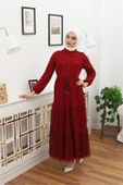 Dipmoda kadını düğme detaylı tesettür elbise RSSN44 - Bordo - 1