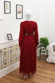 Dipmoda kadın tül kemerli tesettür elbise RSSN45 - Bordo - 5