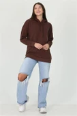 Dipmoda kadın kahverengi kapüşonlu kanguru cepli üç iplik sweatshirt FVR002 - 4