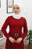Dipmoda kadın tül kemerli tesettür elbise RSSN45 - Bordo - 4