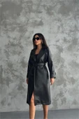 Dipmoda kadın Marilyn siyah suni deri trençkot DPMYLK21 - 4