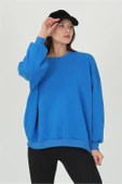 Dipmoda kadın mavi oversize bisiklet yaka şardonlu sweatshirt FVR001 - 2