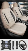 Volkswagen Polo Golf Jetta Bora Passat Tiguan Uyumlu Krem Tay Tüyü Ön Arka Full Takım Koltuk Kılıfı Boyun Yastığı Kemer Koforu Direksiyon Kılıfı Seti - 1