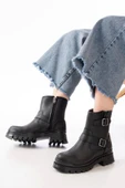 2051-2014 Siyah Tokalı Düz Topuklu Tokalı Fermuarlı Günlük Kadın Bot thumbnail 2