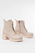 5109-3025 Bej Bağcıklı Fermuarlı Kalın Topuklu Günlük Kadın Bot thumbnail 4