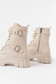 842-03 Bej Bağcıklı Kalın Tabanlı Bağcıklı Fermuarlı Günlük Kadın Bot thumbnail 5
