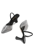 V-1005 Siyah Günlük Arkası Açık Taşlı Topuklu Bayan Ayakkabı - 4