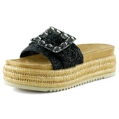 Erkan Saçmacı Siyah Sabit Tek Bant Kristal Taş Süslemeli Hasır Dokulu Dolgu Topuklu Terlik - 1