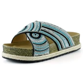 Erkan Saçmacı Siyah Turkuaz Boncuklu Çapraz Bantlı Kristal Taşlı Mantar Taban Görünümlü Terlik - 1