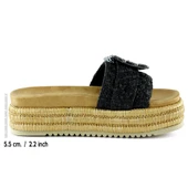 Erkan Saçmacı Siyah Sabit Tek Bant Kristal Taş Süslemeli Hasır Dokulu Dolgu Topuklu Terlik - 2