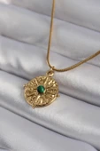 316L Çelik Gold Renk Yeşil Taşlı Kutup Yıldızı İşleme Madalyon Model Kadın Kolye - TJ-BKO8355 - 1