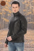 Erkek Hakiki Kuzu Derisi Mont Slim Fit Siyah Biker Ceket Fermuarlı Dik Yaka Derimont - 2