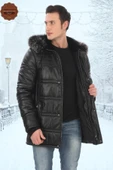 Erkek Hakiki Kuzu Derisi Kışlık Parka Kapüşonlu Kürklü Deri Mont Şişme Mont Deri Kaban - 1