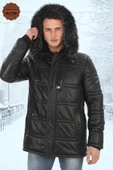 Erkek Hakiki Kuzu Derisi Kışlık Parka Kapüşonlu Kürklü Deri Mont Şişme Mont Deri Kaban - 2