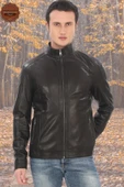 Erkek Hakiki Kuzu Derisi Mont Slim Fit Siyah Biker Ceket Fermuarlı Dik Yaka Derimont - 1
