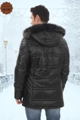 Erkek Hakiki Kuzu Derisi Kışlık Parka Kapüşonlu Kürklü Deri Mont Şişme Mont Deri Kaban - 3