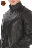 Erkek Hakiki Kuzu Derisi Mont Slim Fit Siyah Biker Ceket Fermuarlı Dik Yaka Derimont - 4