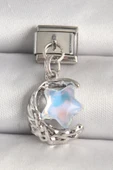316L Çelik Gümüş Renk Hilal Mavi Mineli Yıldız Model Nomination Charm - TJ-BC1284 - 1