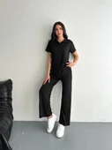 Osy Modal Yumuşak Dokulu Kumaş Kısa Kollu Yakalı T-shirt Pantalon Ikili Takım- Siyah - 4