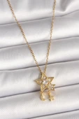 316L Çelik Gold Renk Zincir Zirkon Taşlı Yıldız Model Sallanı Ay Yıldız Detay Kadın Kolye - TJ-BKO9973 - 1
