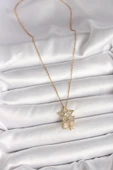 316L Çelik Gold Renk Zincir Zirkon Taşlı Yıldız Model Sallanı Ay Yıldız Detay Kadın Kolye - TJ-BKO9973 - 2
