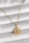 316L Çelik Gold Renk Zincir Zirkon Taşlı Güneş Model Kadın Kolye - TJ-BKO9966 - 1