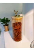 Yenigeldi (9x20 CM) 2 Adet Kehribar Renk Geyikli Cam Saklama Kavanozu Geyik Başı Altın Renk Y-502 - 1