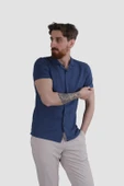 Erkek Jakarlı Apaçi Yaka Pamuklu Slim Fit Yazlık Gömlek 2545-LACİVERT - 2