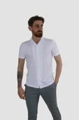 Erkek Jakarlı Apaçi Yaka Pamuklu Slim Fit Yazlık Gömlek 2545-BEYAZ - 2