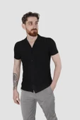 Erkek Pamuklu Apaçi Yaka Dokuma Slim Fit Yazlık Gömlek 3201-G-SİYAH - 1