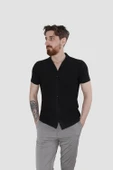 Erkek Pamuklu Apaçi Yaka Dokuma Slim Fit Yazlık Gömlek 3201-G-SİYAH - 2
