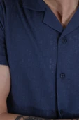 Erkek Jakarlı Apaçi Yaka Pamuklu Slim Fit Yazlık Gömlek 2545-LACİVERT - 3