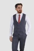 Erkek Tek Düğme Çizgili Desenli Yelekli Slim Fit Takım Elbise 6504-LACİVERT - 3
