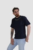 Erkek Bisiklet Yaka Yazı Baskılı Pamuklu Oversize Tişört 3125-LACİVERT - 1