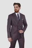 Erkek Çizgili Kruvaze Slim Fit Takım Elbise 6562-VİŞNE - 1