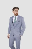Erkek Tek Düğme Düz Yelekli Slim Fit Takım Elbise 2813-MAVİ - 2