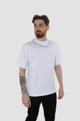 Erkek Bisiklet Yaka Yazı Baskılı Pamuklu Oversize Tişört 3125-BEYAZ - 2