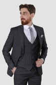 Erkek Çizgili Yelekli Slim Fit Takım Elbise CML158-FÜME - 2