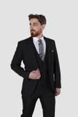 Erkek Tek Düğme Armürlü Yelekli Slim Fit Takım Elbise 6050-SİYAH - 1