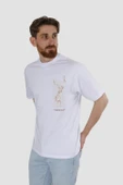 Erkek Bisiklet Yaka Geyik Baskılı Pamuklu Oversize Tişört-BEYAZ thumbnail 1