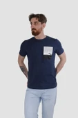 Erkek Bisiklet Yaka Baskılı Pamuklu Slim Fit Tişört 3148-LACİVERT - 2