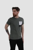 Erkek Bisiklet Yaka Baskılı Pamuklu Slim Fit Tişört 3148-KOYU YEŞİL thumbnail 1